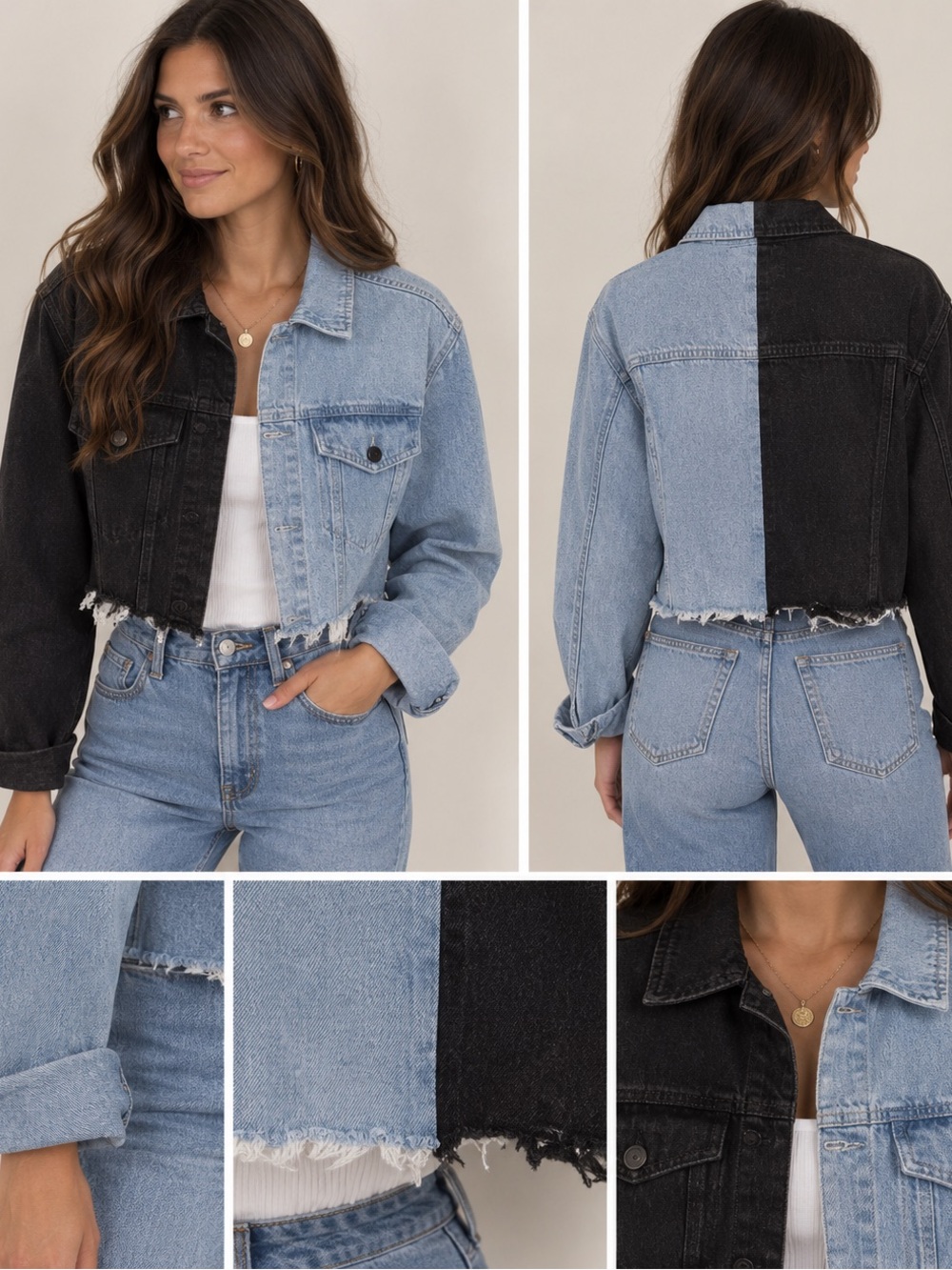 Source Unknown Two-Tone Cropped Denim Jacket - Black & Light Blue